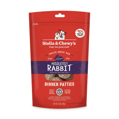 Stella & Chewy's Absolutely Rabbit Freeze-Dried Raw Dinner Patties package, 90% rabbit, grain-free, fortified with vitamins.