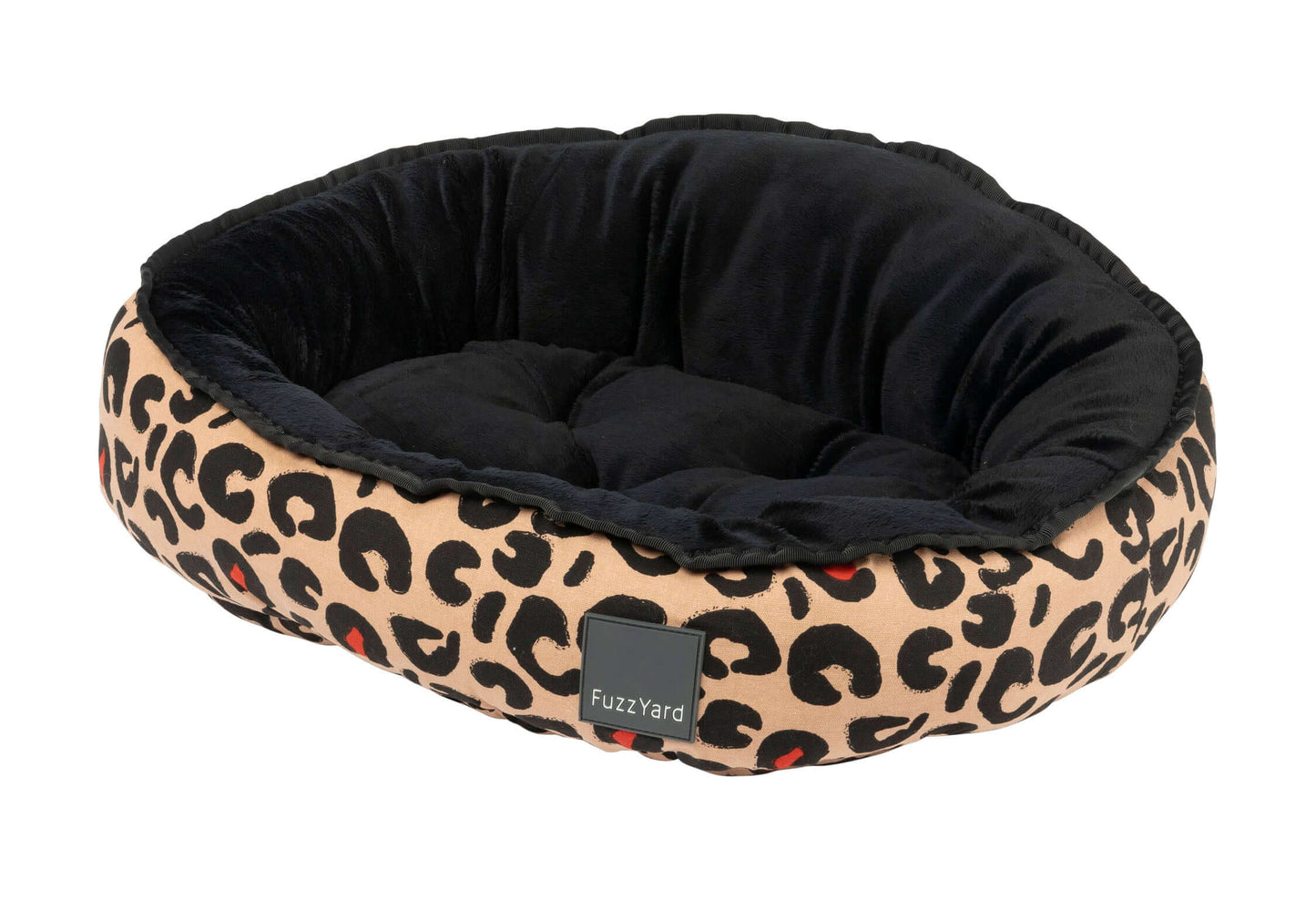 fuzzyard Pet bed with leopard print pattern and black interior side profile