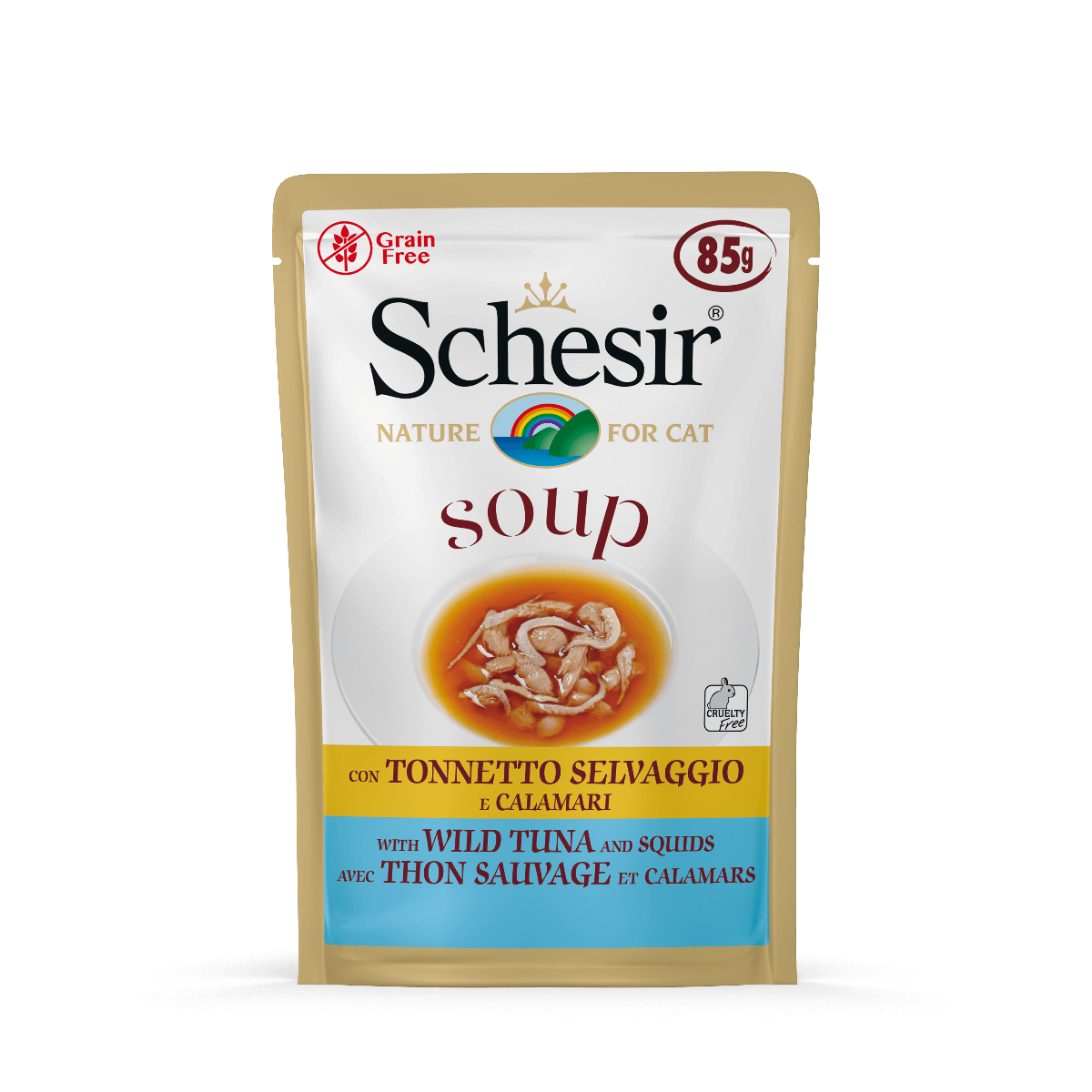 Schesir Tuna Squid Soup Wet Cat Food Pouch - 50g Grain-Free Liquid Recipe with Omega-3