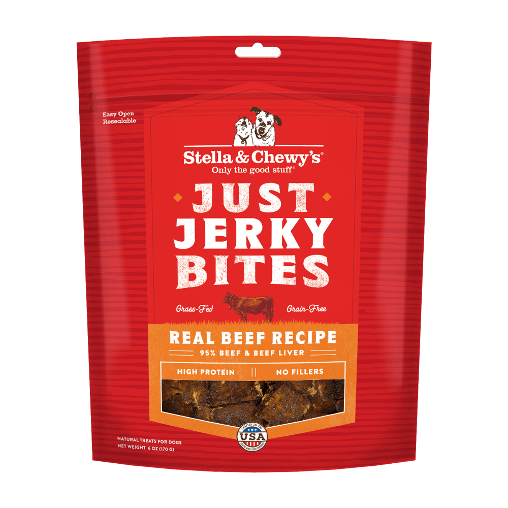 Stella & Chewy's Just Jerky Bites Dog Treats featuring 95% beef, high protein, no fillers, and grain-free ingredients.