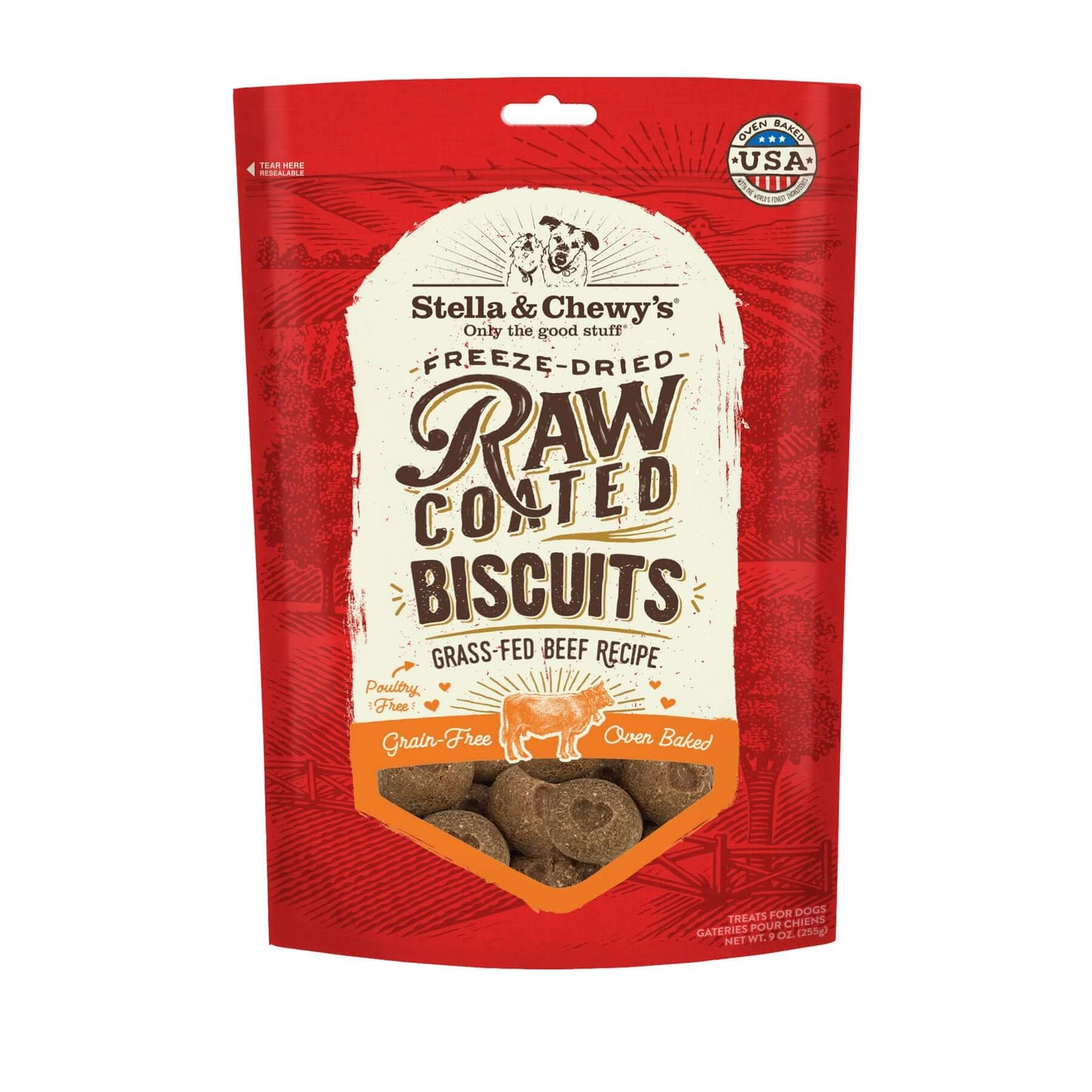 Stella & Chewy's Beef Raw Coated Biscuits Dog Treats, freeze-dried, grass-fed beef, grain-free, oven-baked treats.