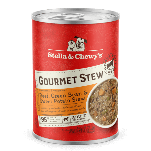 Stella & Chewy's Beef, Green Bean & Sweet Potato Gourmet Stew can for dogs, featuring grain-free, protein-rich ingredients.