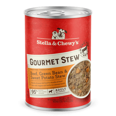 Stella & Chewy's Beef, Green Bean & Sweet Potato Gourmet Stew can for dogs, featuring grain-free, protein-rich ingredients.