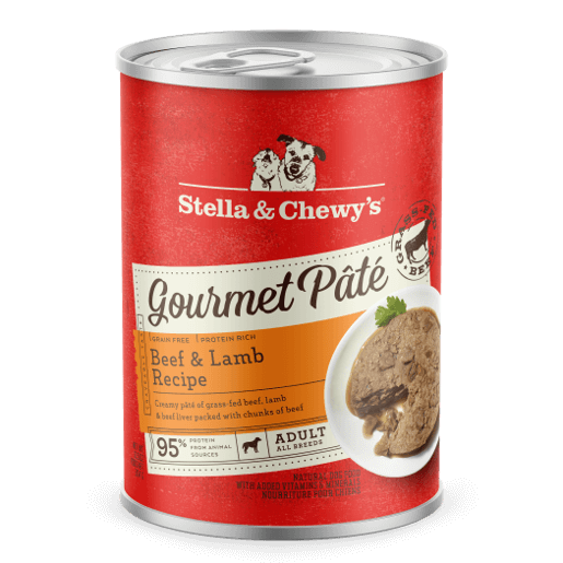 Stella & Chewy's Beef & Lamb Gourmet Pâté wet dog food can, grain-free, rich in protein, for all breeds.