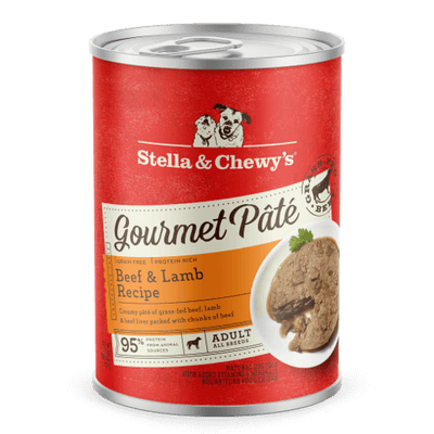 Stella & Chewy's Beef & Lamb Gourmet Pâté wet dog food can, grain-free, rich in protein, for all breeds.