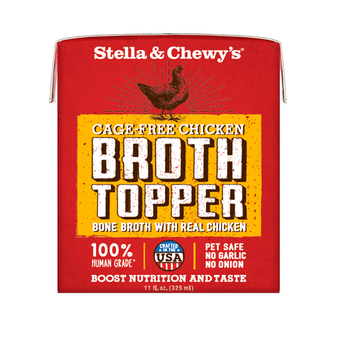 Stella & Chewy's Cage-Free Chicken Broth Topper for dogs, 100% human-grade, boosts nutrition and taste.