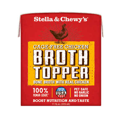 Stella & Chewy's Cage-Free Chicken Broth Topper for dogs, 100% human-grade, boosts nutrition and taste.