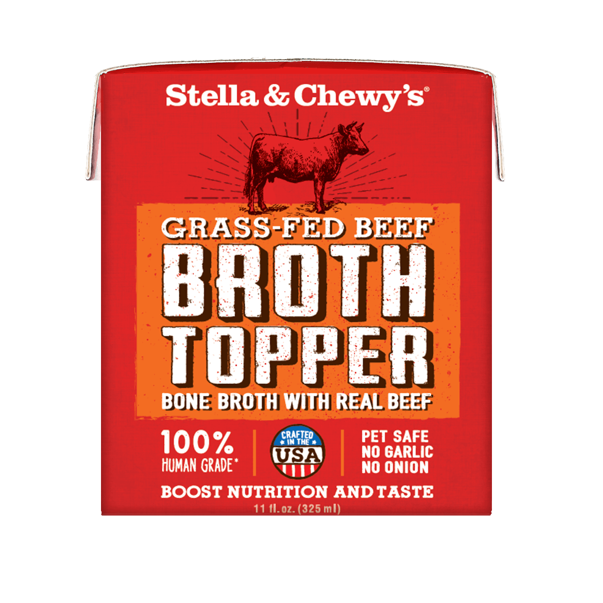 Stella & Chewy's Grass-Fed Beef Broth Topper for dogs, made with human-grade ingredients, boosts nutrition and taste.