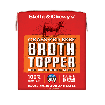 Stella & Chewy's Grass-Fed Beef Broth Topper for dogs, made with human-grade ingredients, boosts nutrition and taste.