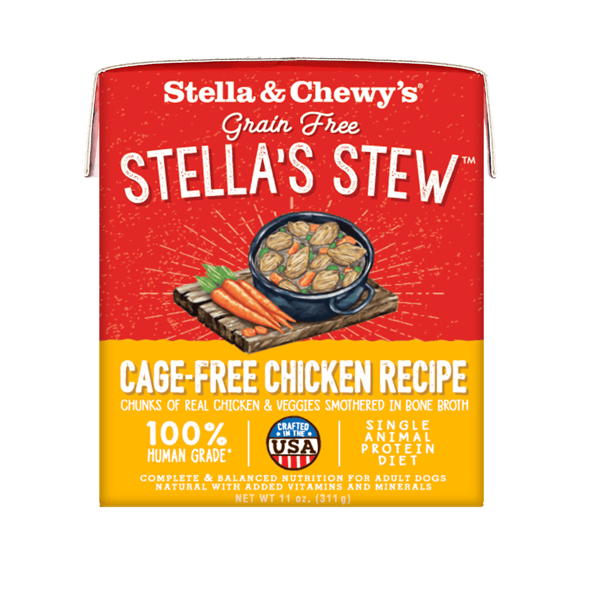 Stella & Chewy's Cage-Free Chicken Recipe Stew, grain-free wet dog food made with human-grade ingredients.