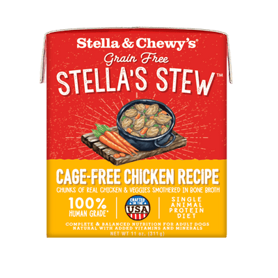 Stella & Chewy's Cage-Free Chicken Recipe Stew, grain-free wet dog food made with human-grade ingredients.