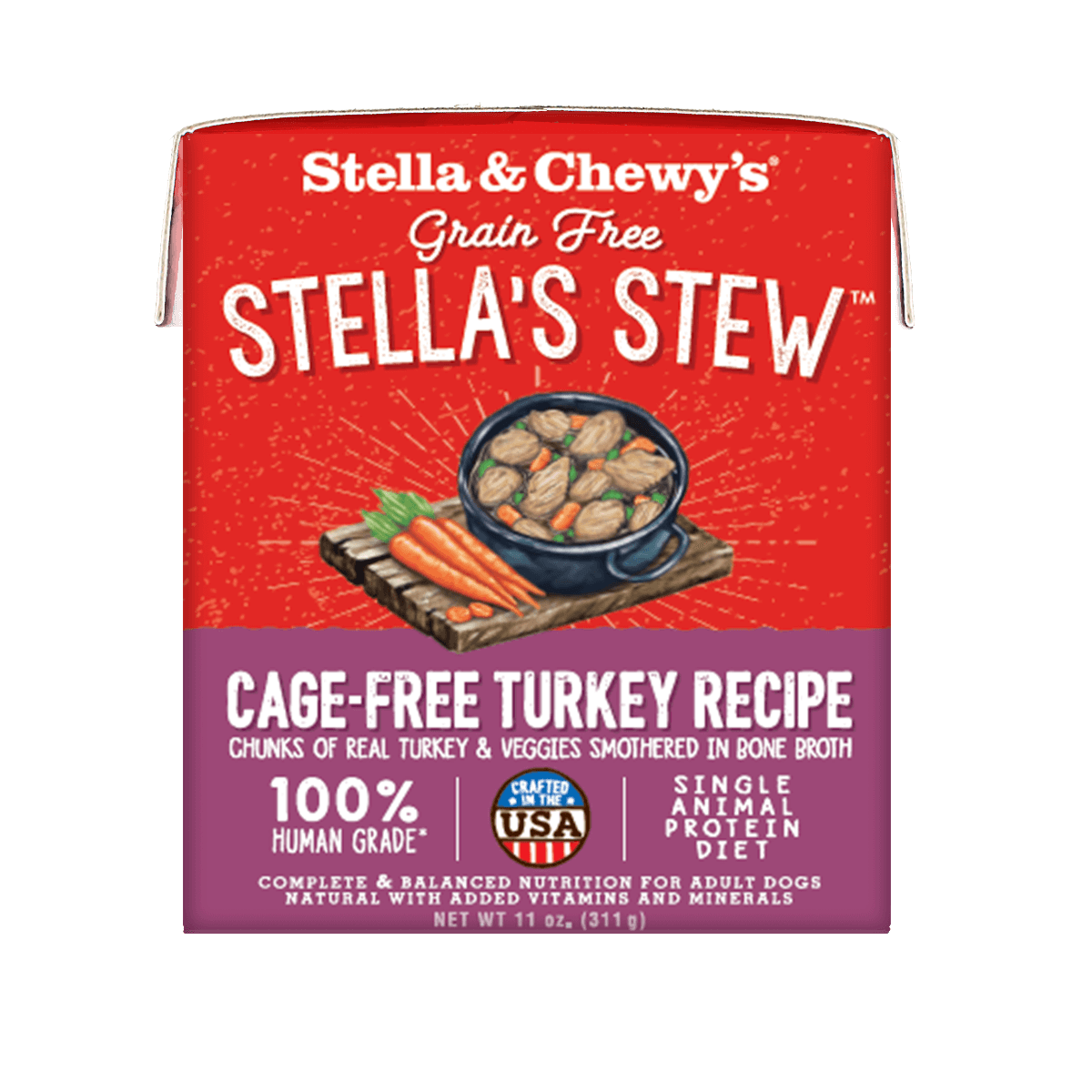 Stella & Chewy's Cage-Free Turkey Recipe Stew for dogs, grain-free, human-grade, complete nutrition, in bone broth.