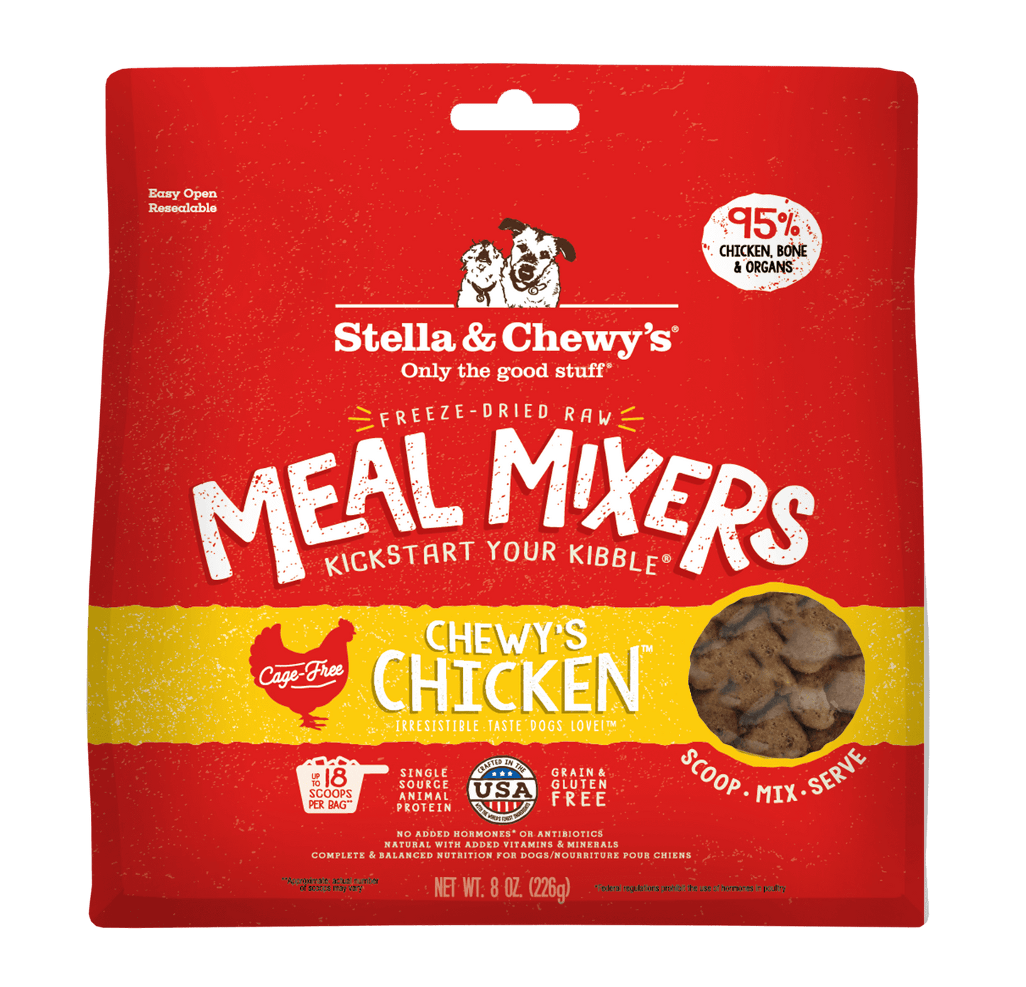Stella & Chewy's Chewy's Chicken Freeze-Dried Raw Meal Mixers package, featuring 95% cage-free chicken and enriched nutrients.