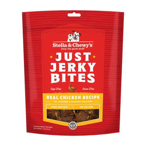 Stella & Chewy's Just Jerky Bites dog treats, real chicken recipe, 95% protein, no fillers, high-quality dog snacks.