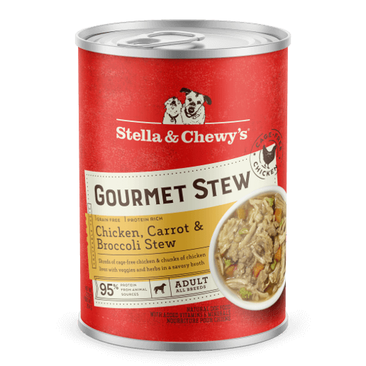 Stella & Chewy's Chicken, Carrot & Broccoli Gourmet Stew can, grain-free, protein-rich, savory dog food for all breeds.