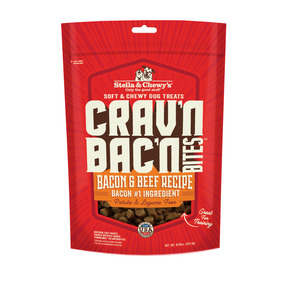 Stella & Chewy’s Crav’n Bac’n Bites Bacon & Beef Recipe dog treats, soft and chewy, great for training, potato-free, legume-free.