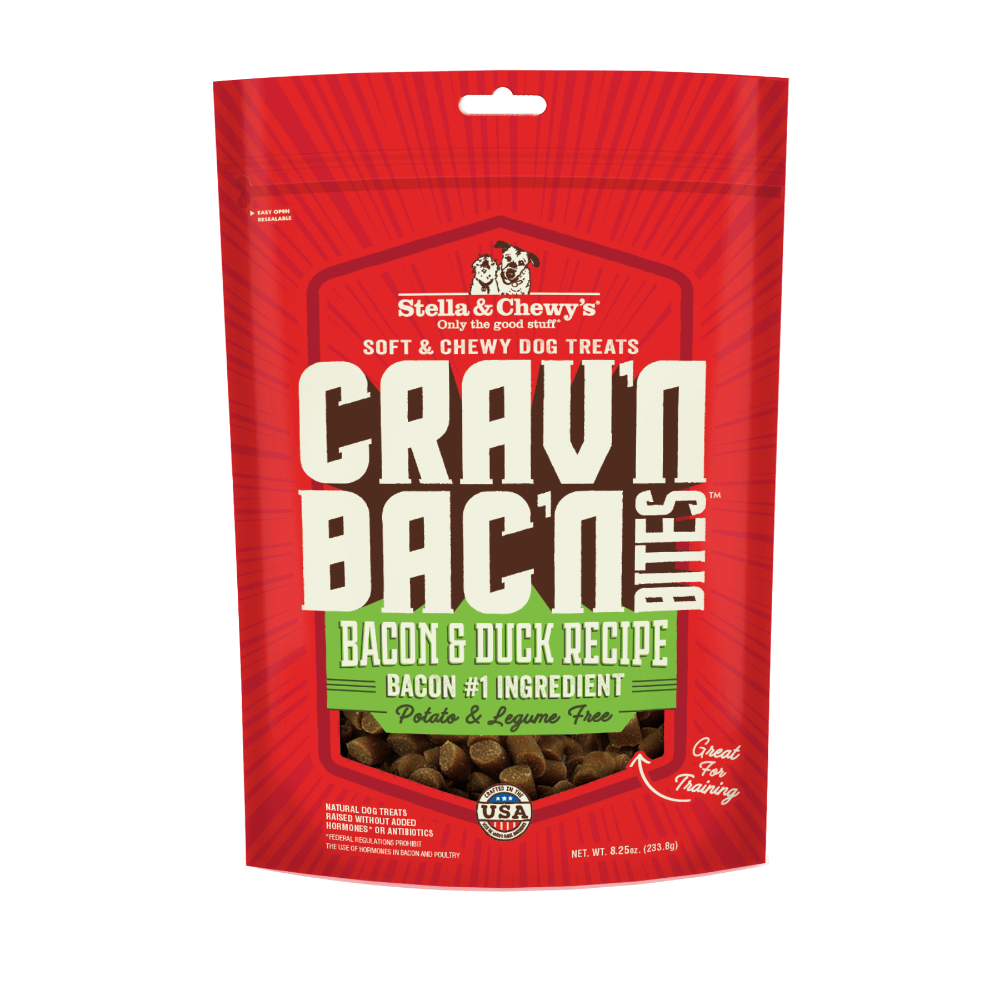 Stella & Chewy's Crav'n Bac'n Bites Bacon & Duck Recipe, soft and chewy dog treats, potato-free, great for training.