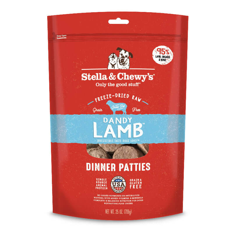 Stella & Chewy's Dandy Lamb freeze-dried raw dinner patties made with 95% lamb, organic fruits, and fortified with probiotics.