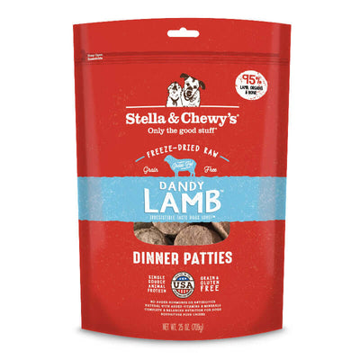 Stella & Chewy's Dandy Lamb freeze-dried raw dinner patties made with 95% lamb, organic fruits, and fortified with probiotics.