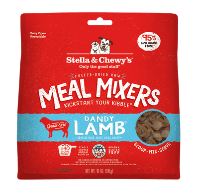 Stella & Chewy's Dandy Lamb Freeze-Dried Raw Meal Mixers, 95% lamb & nutrient-rich ingredients for dogs.
