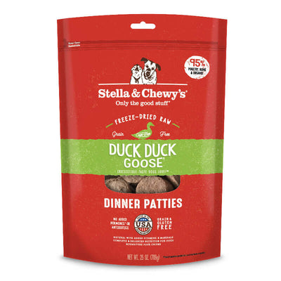 Stella & Chewy's Duck Duck Goose freeze-dried raw dinner patties, 95% poultry, enriched with vitamins and probiotics.