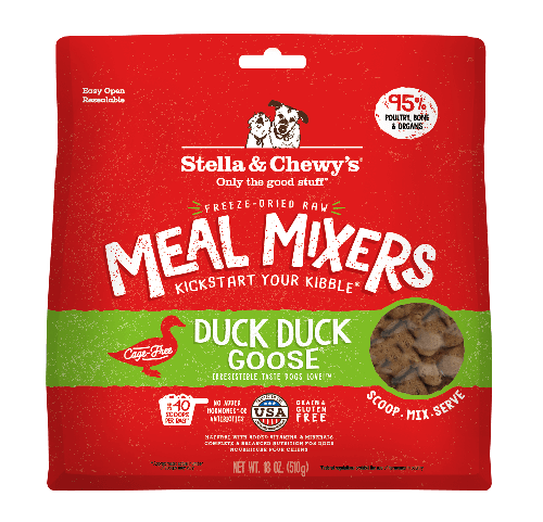 Stella & Chewy's Duck Duck Goose freeze-dried raw dog meal mixers package, 95% duck, nutrient-dense, easy to serve.