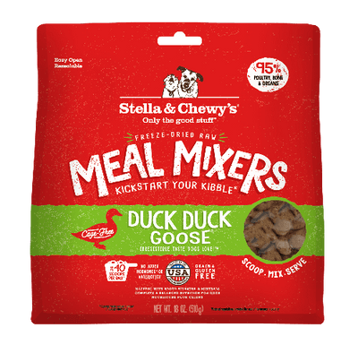 Stella & Chewy's Duck Duck Goose freeze-dried raw dog meal mixers package, 95% duck, nutrient-dense, easy to serve.