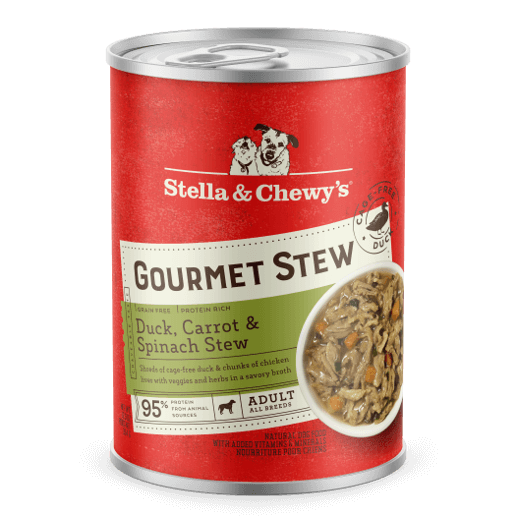 Stella & Chewy's Duck, Carrot & Spinach Gourmet Stew can for dogs, protein-rich and grain-free, featuring tender shreds of duck.
