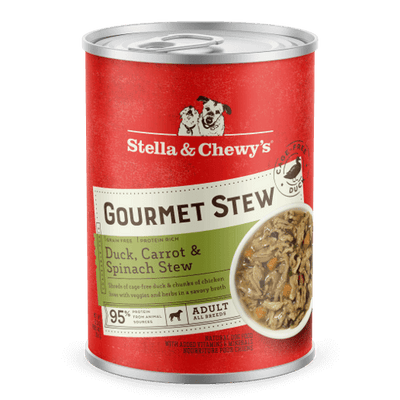 Stella & Chewy's Duck, Carrot & Spinach Gourmet Stew can for dogs, protein-rich and grain-free, featuring tender shreds of duck.