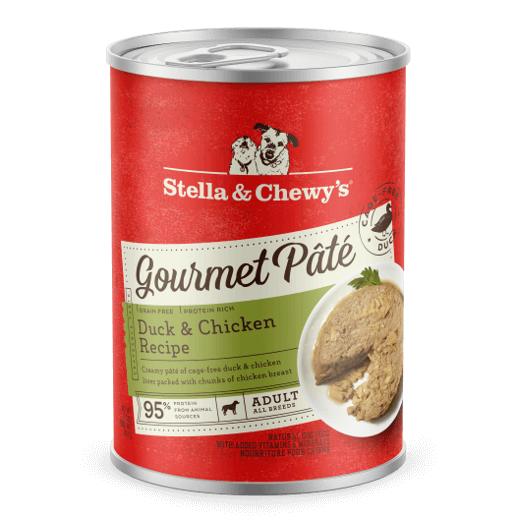 Stella & Chewy's Duck & Chicken Gourmet Pâté, grain-free wet dog food with 95% protein from animal sources.