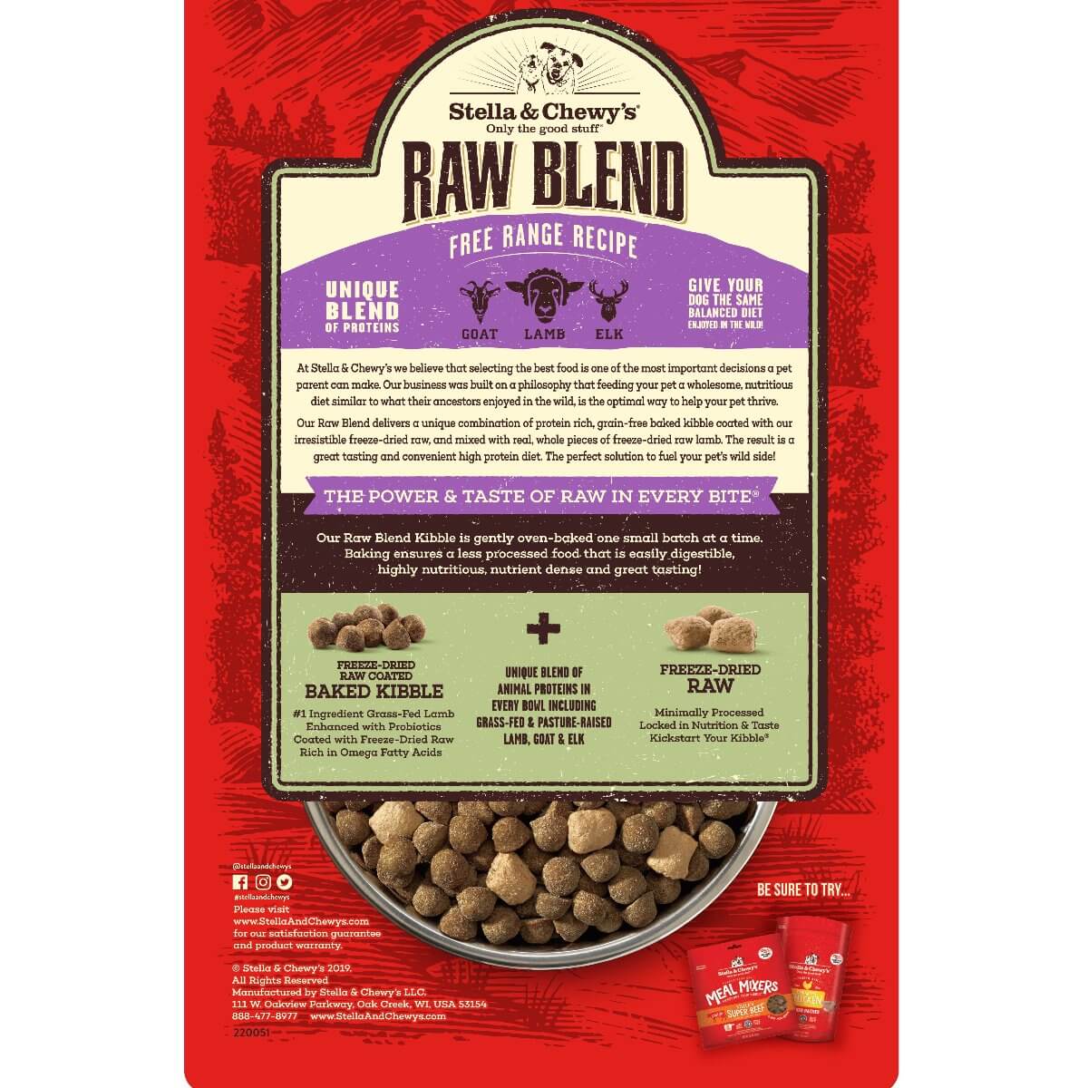 Stella & Chewy's Free Range Recipe Freeze-Dried Raw Blend Kibble with lamb, goat, and elk ingredients on vibrant packaging.