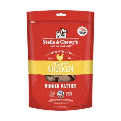 Stella & Chewy's freeze-dried raw chicken dinner patties for dogs, 95% chicken, complete balanced diet.