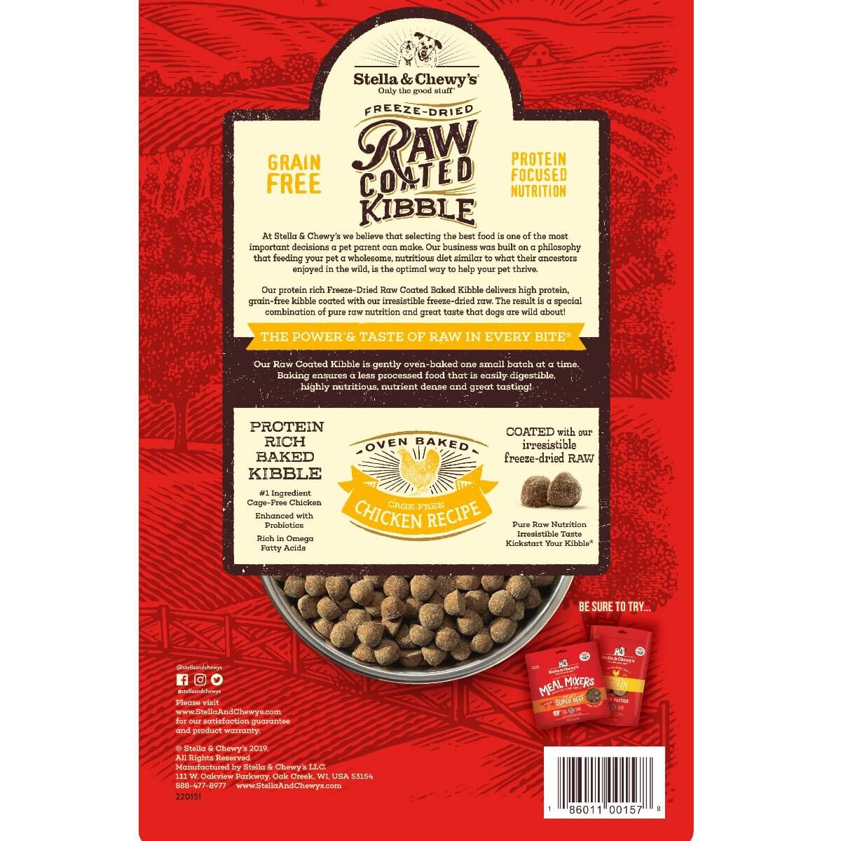 Stella & Chewy's Freeze-Dried Raw Coated Kibble packaging, featuring grain-free, protein-rich chicken dog food.
