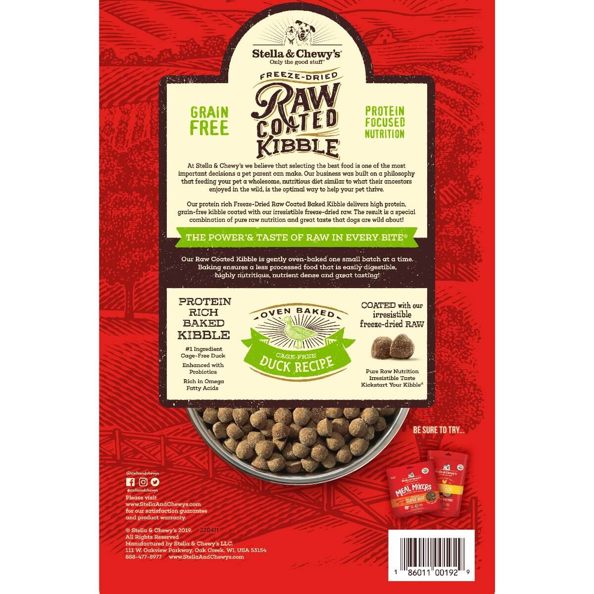 Stella & Chewy's freeze-dried raw coated kibble, grain-free duck recipe, protein-rich dog food packaging image.
