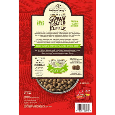 Stella & Chewy's freeze-dried raw coated kibble, grain-free duck recipe, protein-rich dog food packaging image.