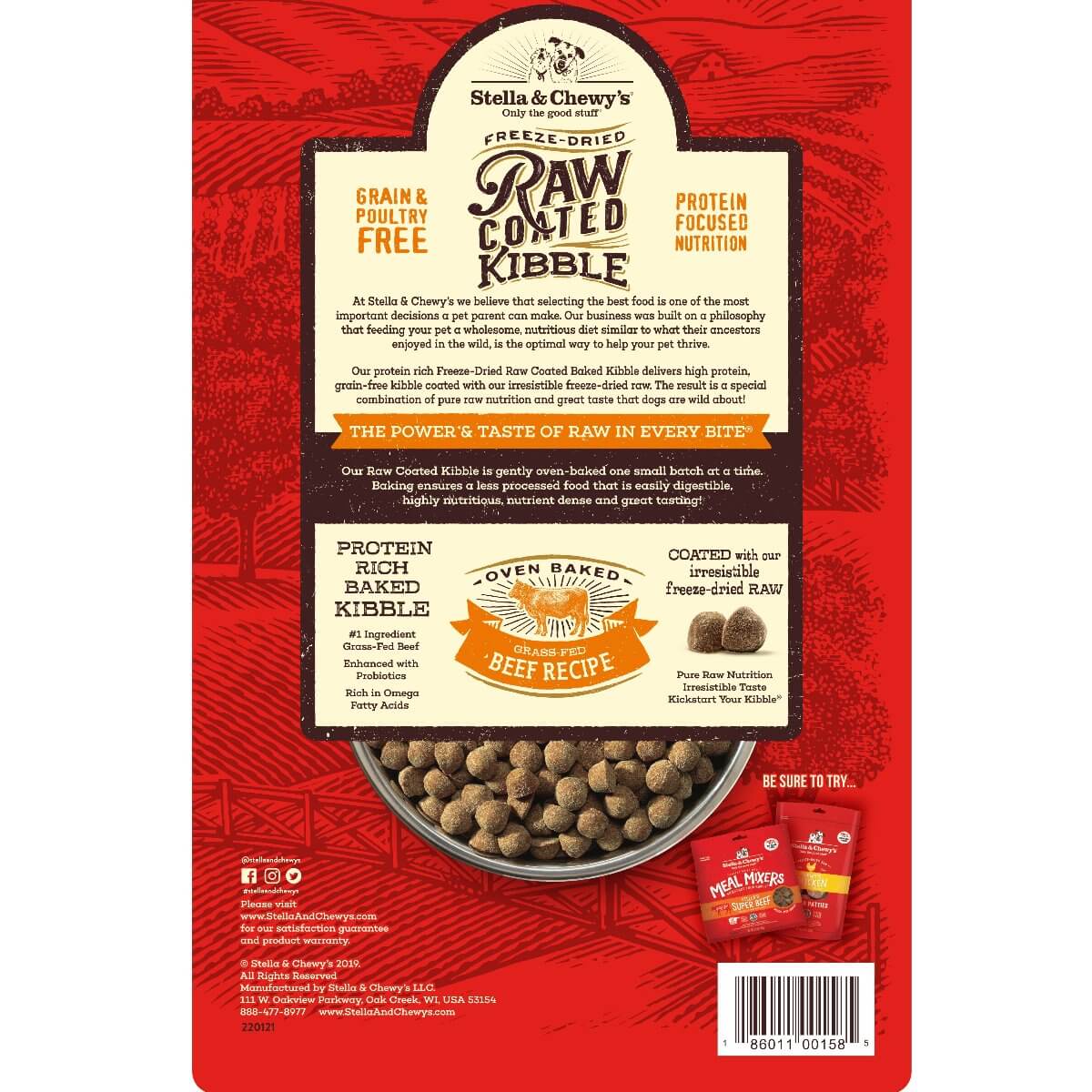 Stella & Chewy's freeze-dried raw coated kibble packaging with baked beef kibble for grain-free dog food.