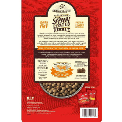 Stella & Chewy's freeze-dried raw coated kibble packaging with baked beef kibble for grain-free dog food.