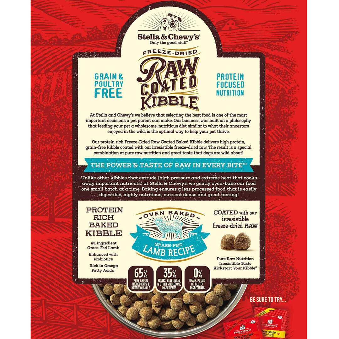 Stella & Chewy's freeze-dried raw coated kibble packaging showcasing grain-free lamb dog food options.