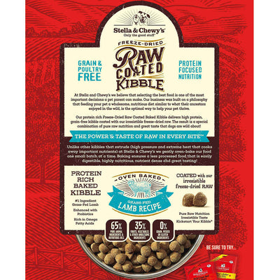 Stella & Chewy's freeze-dried raw coated kibble packaging showcasing grain-free lamb dog food options.