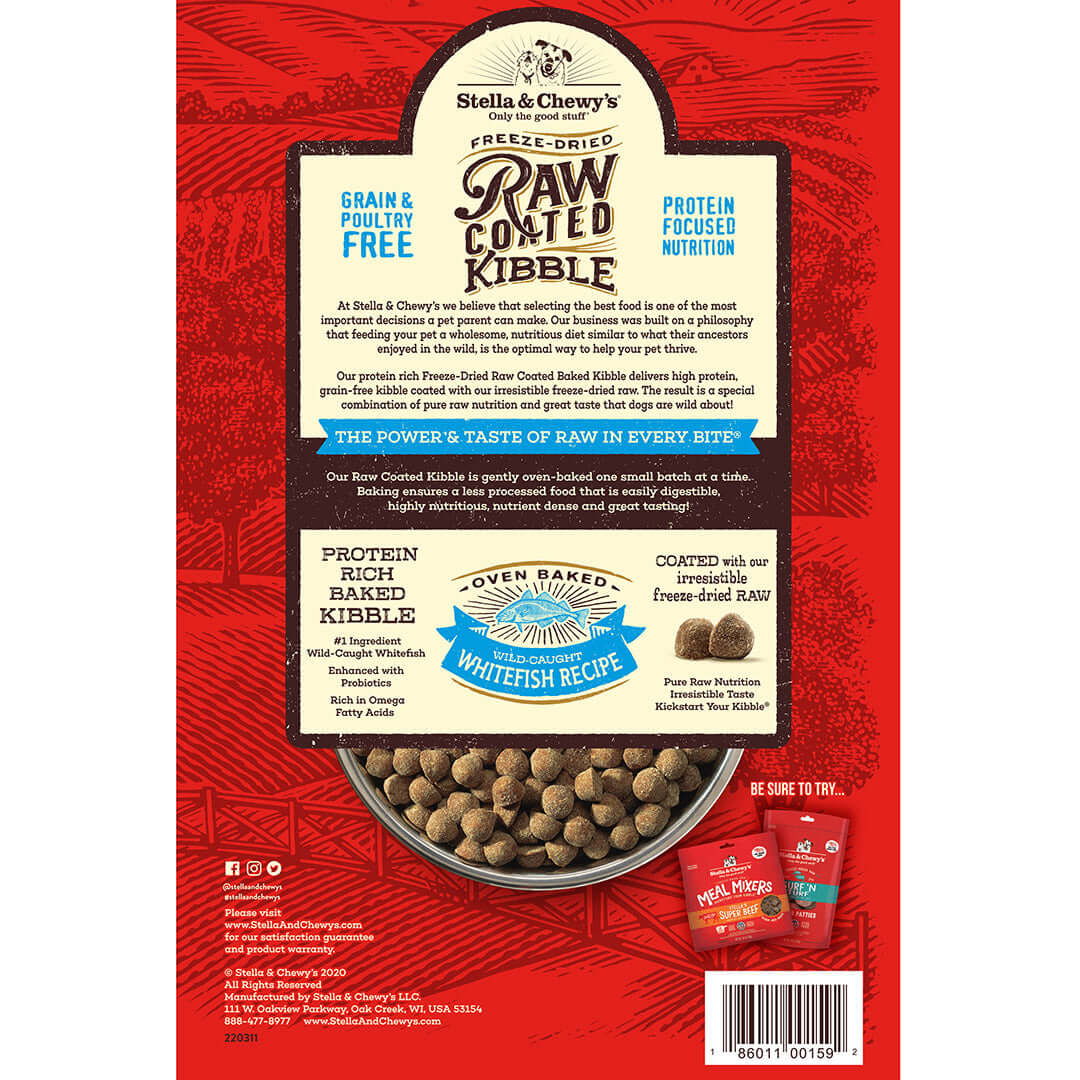 Stella & Chewy's Freeze-Dried Raw Coated Kibble bag showcasing wild caught whitefish, grain-free, and protein-rich dog food.
