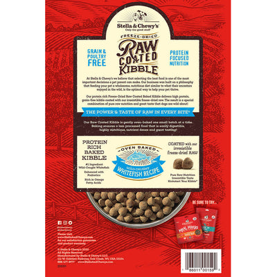Stella & Chewy's Freeze-Dried Raw Coated Kibble bag showcasing wild caught whitefish, grain-free, and protein-rich dog food.