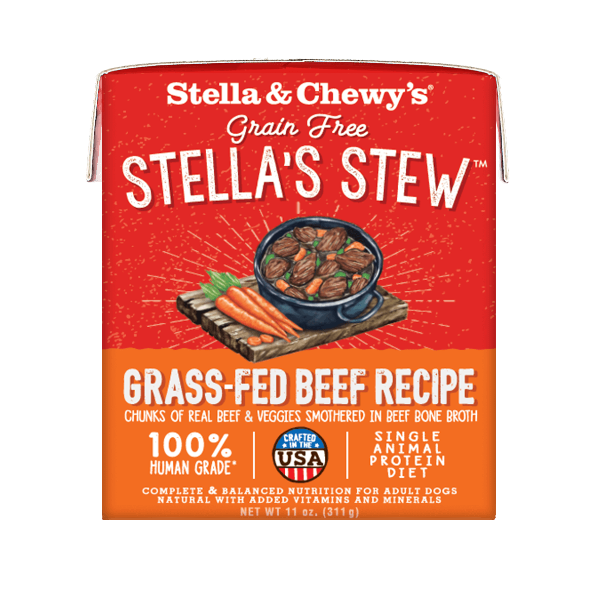 Stella & Chewy's Grass-Fed Beef Recipe Stew for dogs, human-grade, grain-free, meat-first ingredients in beef bone broth.