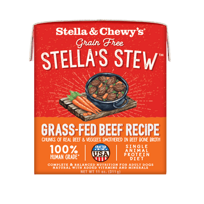 Stella & Chewy's Grass-Fed Beef Recipe Stew for dogs, human-grade, grain-free, meat-first ingredients in beef bone broth.