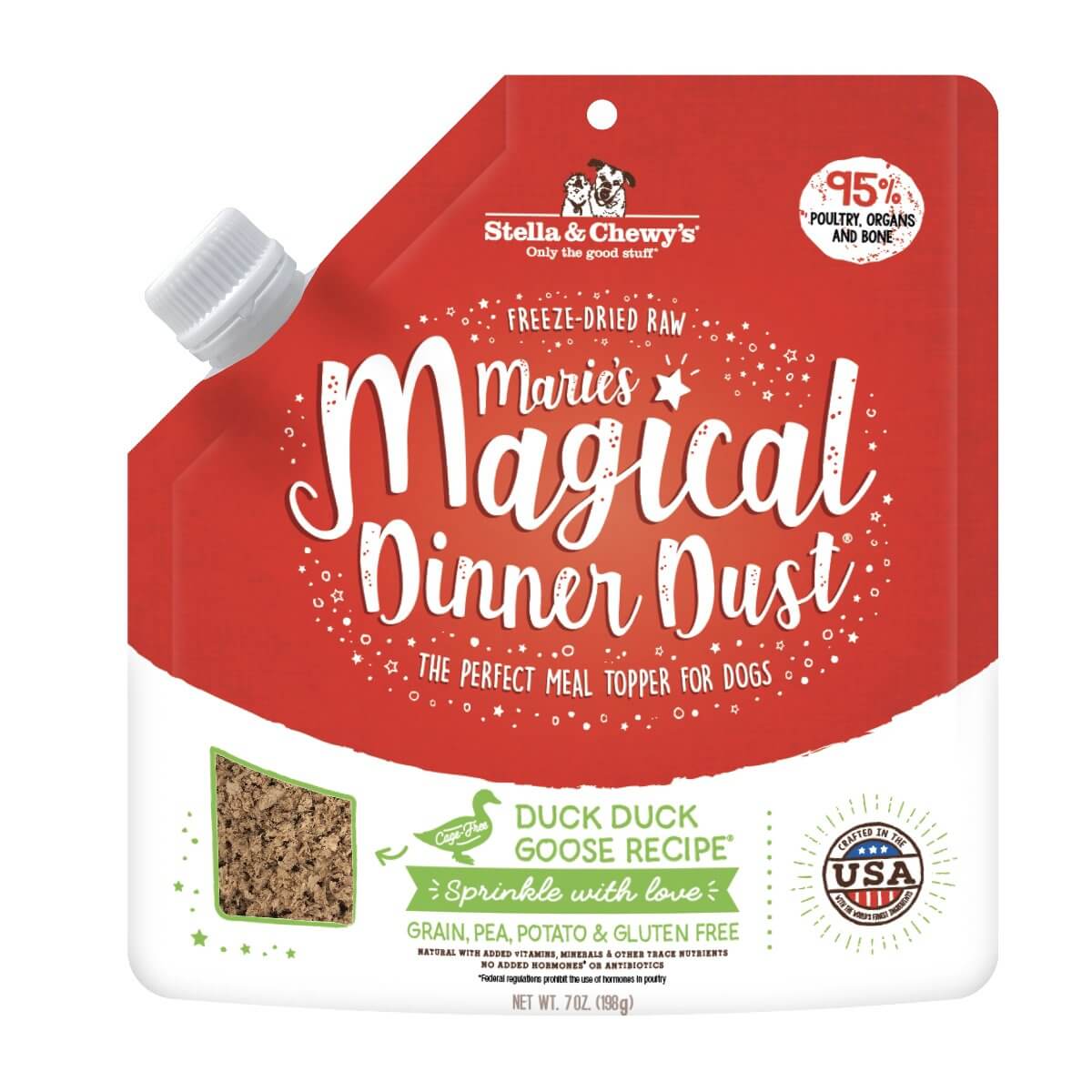 Stella & Chewy's Marie's Magical Dinner Dust Duck Duck Goose freeze-dried dog food topper, perfect for picky eaters.