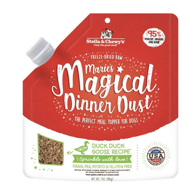 Stella & Chewy's Marie's Magical Dinner Dust Duck Duck Goose freeze-dried dog food topper, perfect for picky eaters.
