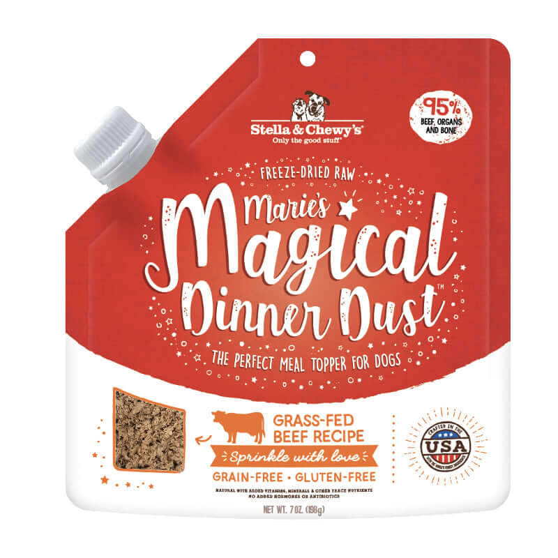 Stella & Chewy's Marie's Magical Dinner Dust freeze-dried beef dog food topper with easy pour spout.