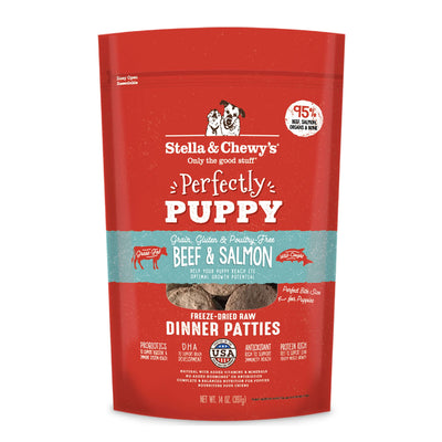 Stella & Chewy's Perfectly Puppy Beef & Salmon freeze-dried raw dinner patties, grain-free, nutrient-rich, 100% complete diet.