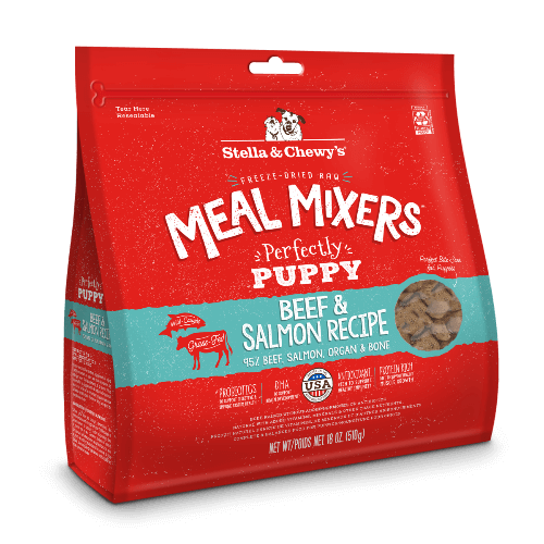 Stella & Chewy's Perfectly Puppy freeze-dried beef and salmon meal mixers for puppies, 18oz bag.