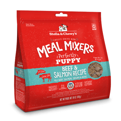 Stella & Chewy's Perfectly Puppy freeze-dried beef and salmon meal mixers for puppies, 18oz bag.
