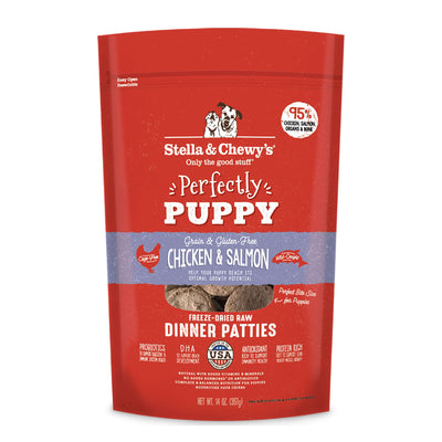 Stella & Chewy's Perfectly Puppy Chicken & Salmon freeze-dried raw dinner patties package, grain-free and nutrient-rich.
